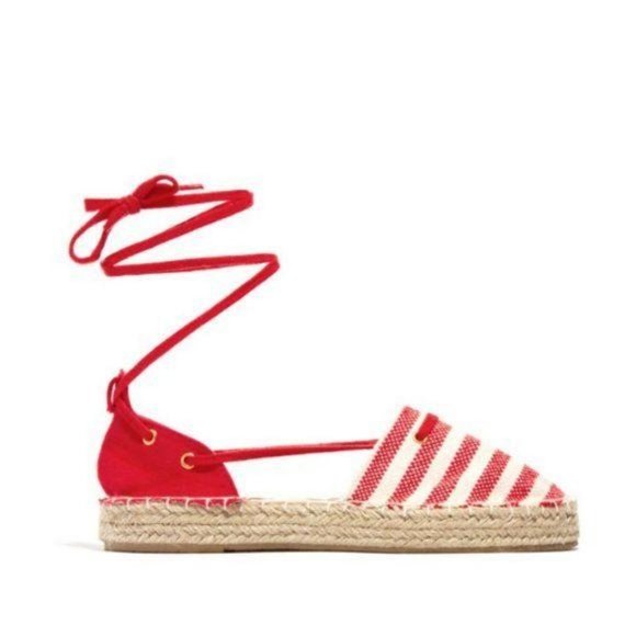 Red & Beige Lace Up Espadrilles - Picture 3 of 7